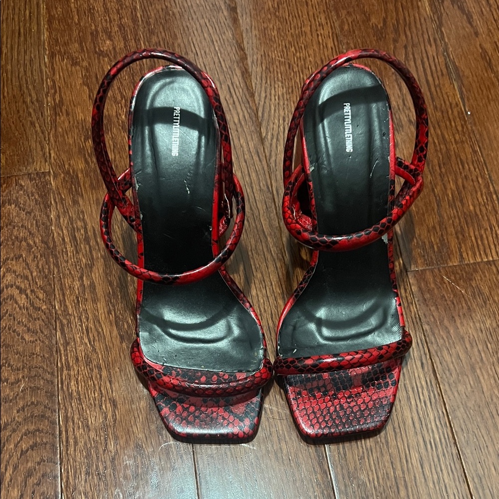 PrettyLittleThing Red and Black Snake Heels
